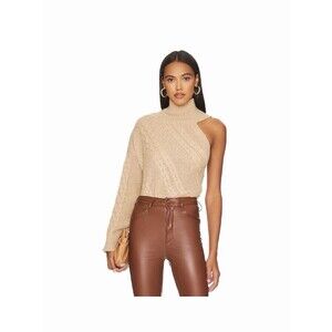 Line & Dot Bijou Top Sweater Tan Cable Knit One-Shoulder Size XS NWT